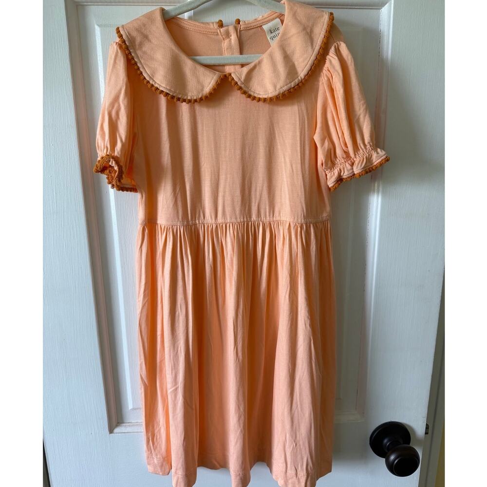 Kate Quinn Bamboo Peach Peter Pan short sleeve collar dress pom pom trim / 5Y